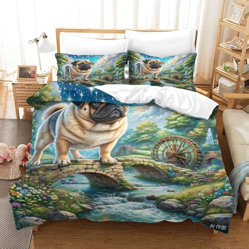 UNRXJZLVM Pug Bettbezug Bettwäsche Set Kinderbettwäsche-Set Reißverschluss Mit Kissenbezug, Betten Set Für Jugendliche Kinder Schlafzimmer Single（140x200cm） von UNRXJZLVM
