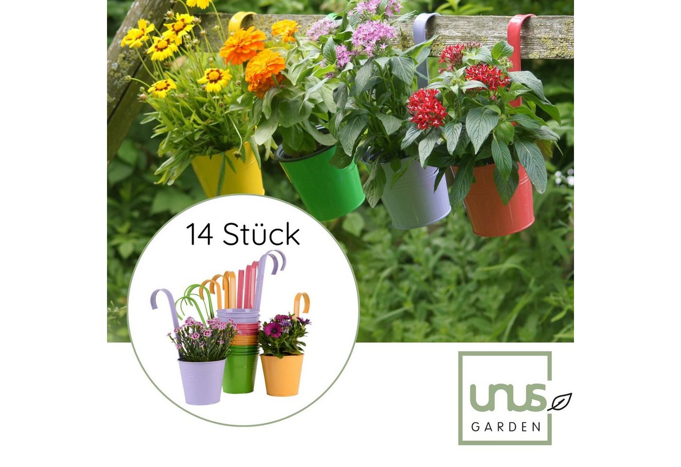 UNUS GARDEN Blumentopf Hängetöpfe bunt (14er Set), Hängeblumentöpfe aus Metall in sommerlichen Farben, für Pflanzen von UNUS GARDEN