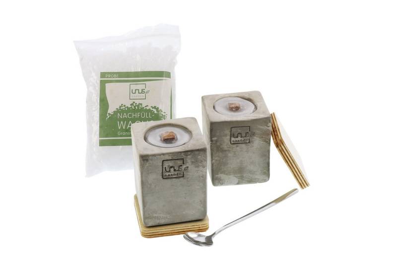 UNUS GARDEN Outdoorkerze Kerzen quaderförmig 2er Set handgemacht (inklusive Nachfüll-Wachs, Löffel und Löschdeckel), Kerzenfeuer Tischfeuer Outdoor-Tischfeuer Beton-Kerze Quaderförmig von UNUS GARDEN