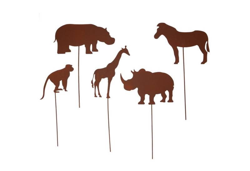 UNUS GARDEN Gartenstecker 5er Set Tiere in Afrika Rostoptik (5-St., 5er Set Gartenfigur Dekofigur Afrika) Gartenstecker Beetstecker Dekostecker rostige Deko Garten robust von UNUS GARDEN