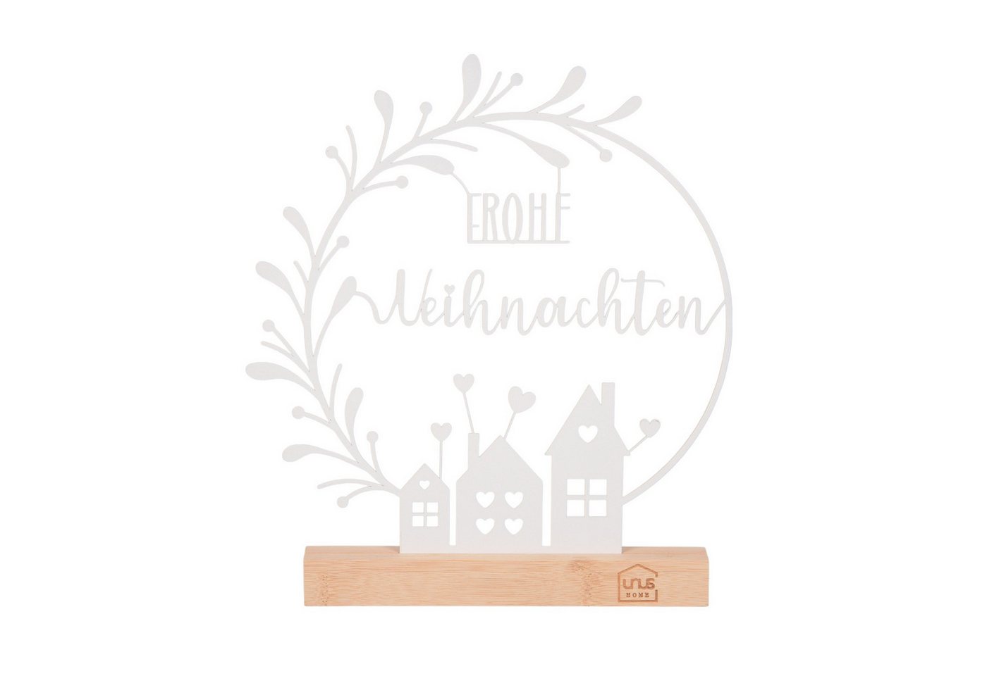 UNUS HOME Dekofigur Aufsteller Frohe Weihnachten mit Blumenbogen und Häusern (UNUS Aufsteller Frohe Weihnachten mit Häusern Bambusfuß) von UNUS HOME