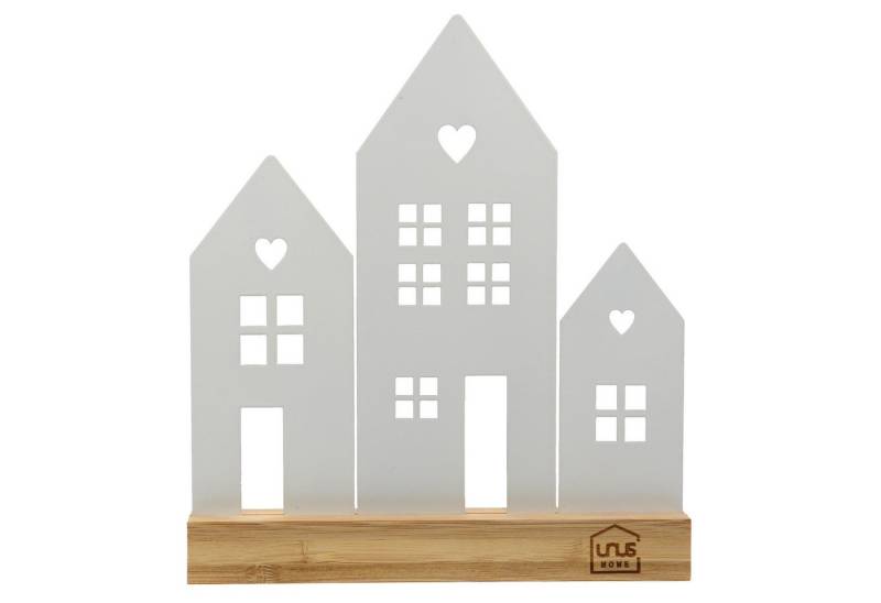 UNUS HOME Dekofigur Aufsteller Häuser Stadt (3 Häuser, weiß), Häuser-Silhouette aus Metall und Bambus-Holz Wohndekoration von UNUS HOME