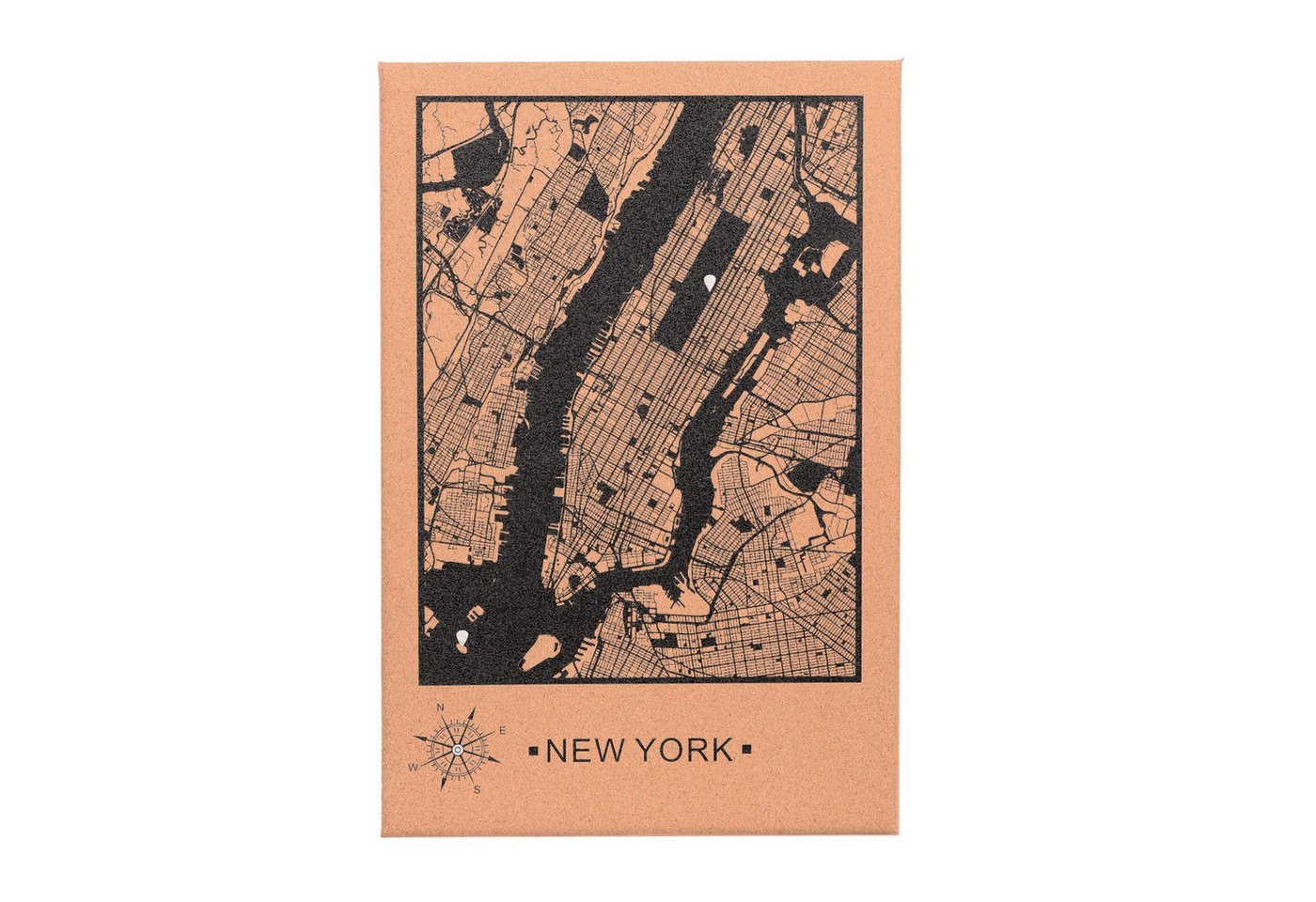UNUS HOME Wanddekoobjekt Kork Wandbild Weltkarte 61x41 cm Pinnwand aus Naturkork (Wandbild Kork Stadtkarte New York mit Stecknadeln) von UNUS HOME