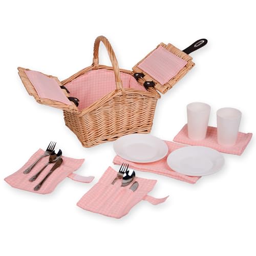 UNUS® Picknickkorb für Kinder rechteckig aus Weide mit Stoffauskleidung, Komplettset für 2 Personen mit Besteck, Tellern und Bechern, tragbarer Weidenkorb für Picknick und Ausflüge von UNUS