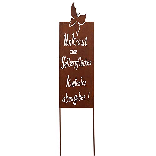 UNUS Gartendeko Gartenstecker aus Edelrost Metall Garten Schild mit Spruch Unkraut 90x30 cm von UNUS