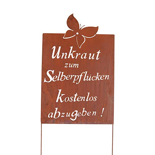 UNUS Gartendeko Gartenstecker aus Edelrost Metall Garten Schild mit Spruch Unkraut 90x60 cm von UNUS