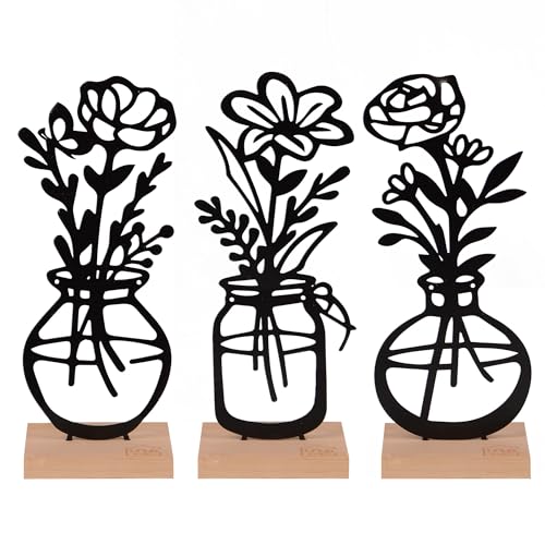 UNUS® Deko-Aufsteller 3er Set Vase mit Blumen aus Metall mit Bambus-Sockel, in Schwarz oder Weiß, stilvolle Tischdeko für Wohnzimmer, Fensterbank oder Balkon von UNUS