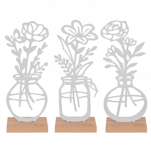 UNUS® Deko-Aufsteller 3er Set Vase mit Blumen aus Metall mit Bambus-Sockel, in Schwarz oder Weiß ,stilvolle Tischdeko für Wohnzimmer, Fensterbank oder Balkon von UNUS