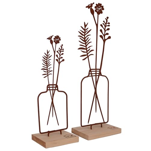 UNUS Aufsteller Blumenvase 2er Set, 23,5 cm und 31,5 cm hoch, Metallaufsteller mit Bambussockel, mit Rost-Optik, Frühlingsdeko für Fenster, Tisch oder Regal von UNUS