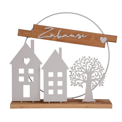 UNUS Aufsteller Deko-Schild Zuhause,Bambus und Metall, weiß, Filigranes Design mit Häusern und Baum, Ganzjährige Dekoration für Wohnzimmer & Eingangsbereich von UNUS