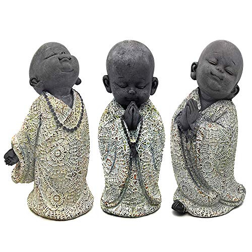 UNUS Buddha Figuren Garten, kleine Mönche 3er Set, Deko Statuen 13 cm, Feng Shui Dekofiguren, Gartendeko Skulpturen von UNUS