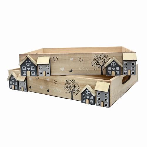 UNUS Dekotabletts aus Holz, 2er Set, rechteckiges Tablett mit Griffen, Holztablett White-Washed, Serviertablett für Küche, Wohnzimmer, Dekoration von UNUS