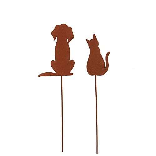 UNUS Garden Hund und Katze Gartenstecker 2er Set, Gartendeko Rostoptik, Roststecker aus Edelrost Metall, Rost Deko für Garten Terrasse Balkon Blumentopf von UNUS