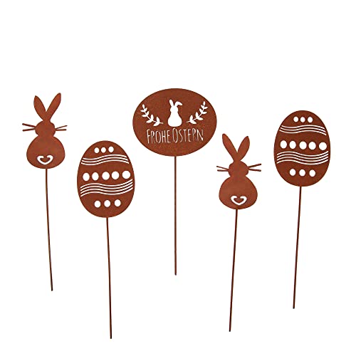 UNUS Garden Ostern Gartenstecker 5er Set, Osterdeko für draußen, Osterhase Ostereier Osterschild, Gartendeko Rostoptik, Roststecker aus Edelrost Metall, Rost Deko für Garten Terrasse Balkon Blumentopf von UNUS