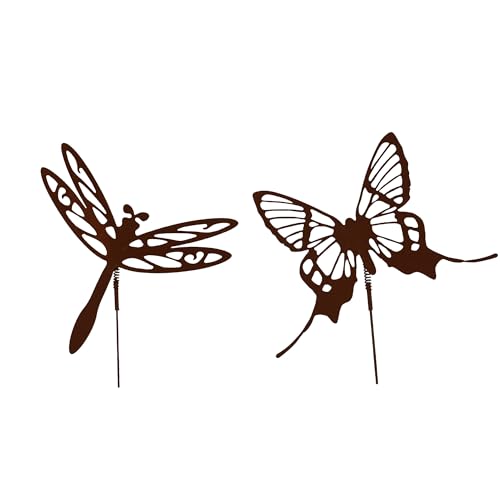 UNUS Gartenstecker Rost Schmetterling und Libelle mit Wackelfeder im 2er Set von UNUS