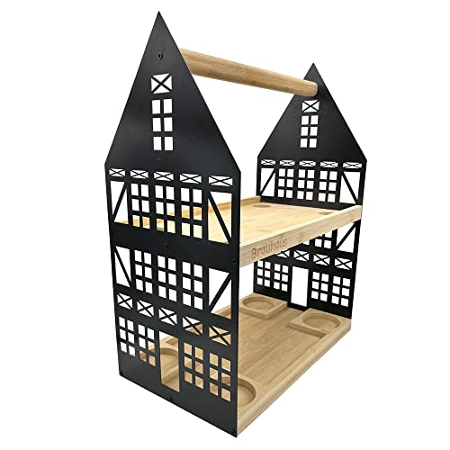 UNUS HOME Etagere Brauhaus, 2 Etagen mit Griff, für Bier, Snacks, Wurst und Käse mit 4 Flaschenhalter, Tablett aus Bambus Holz, Gestell aus Metall, ideal als Geschenk von UNUS