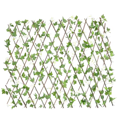 UNUS Rankgitter mit künstlichen Blättern und weißen Blüten Dekogitter aus Weide für Balkon, Terrasse und geschützte Außenbereiche 200×100 cm von UNUS