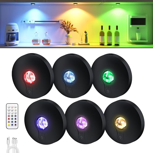UNUSROOM USB Aufladbar RGB LED Spots,RGB Farbwechsel & Dimmbar Schrankbeleuchtung Kabellos mit Fernbedienung/Timer, Magnetisch Indirekte Beleuchtung Vitrinenbeleuchtung für Vitrine,Küche,Flur,6 Stück von UNUSROOM
