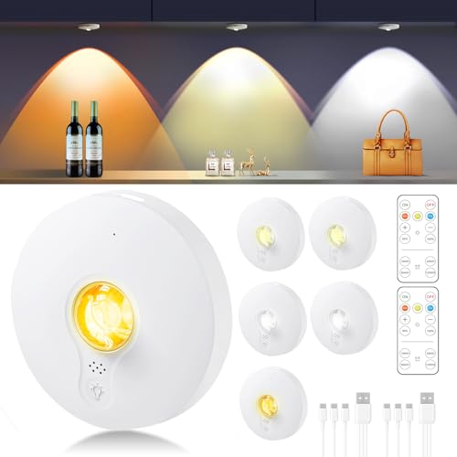 LED Spot Akku USB Aufladbar,2000mAh Dimmbare Schrankbeleuchtung Kabellos mit Fernbedienung & Timer,3 Lichtfarben Unterbauleuchte,Magnetisch Vitrinenbeleuchtung für Küche,Indirekte Beleuchtung,6 Stück von UNUSROOM