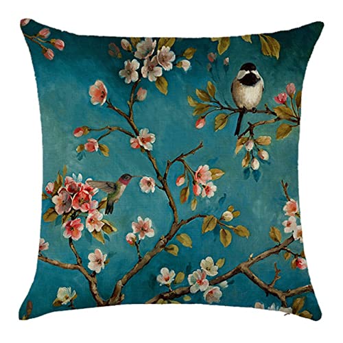 UNZYE Leinenmaterial Wasserdicht und atmungsaktiv kissenbezüge zum Bedrucken Kissenbezug leinen Blumen-Zweig-Vogel-Malerei Premium-Luxus Zierkissenbezüge Sofa wasserdicht Blau Rosa 45x45 cm von UNZYE