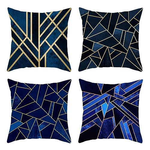 UNZYE Seidengewebe Kissenbezüge Für Sofakissen Kissenhülle Outdoor Wasserdicht Geometrische Kunst Kissenbezüge Sommer Kissenhülle Leinen Zierkissenbezüge Navy Blau 4Pcs, 45x45 cm von UNZYE