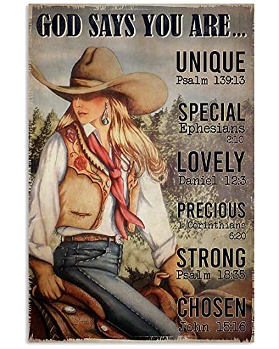 UOAIUDT Cowgirl-Metallschild "God Says You Are Unique Special Lovely Strong Precious Chosen Ride Horse", Retro-Blechschild für Zuhause, Büro, Club, Bar, Café, Männer, Höhle, Garage, Wanddekoration UOAIUDT Cowgirl-Metallschild "God Says You Are Unique Special Lovely Strong Precious Chosen Ride Horse", Retro-Blechschild für Zuhause, Büro, Club, Bar, Café, Männer, Höhle, Garage, Wanddekoration von UOAIUDT