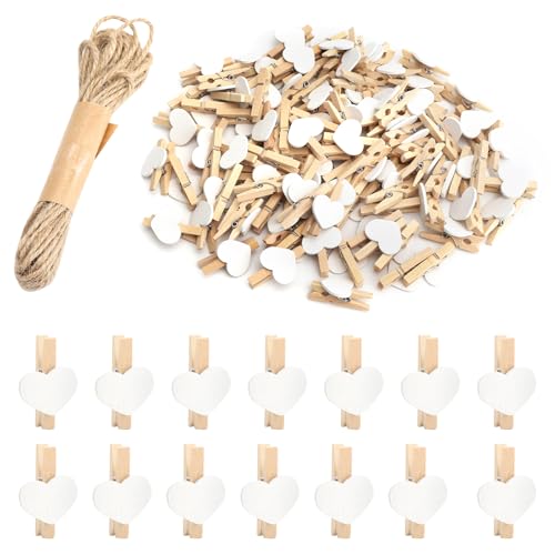 100 Herz Wäscheklammer, Herzklammern, Herz Holzklammern Klein, 3,5cm Mini-Fotoklammern mit 5 Meter Juteschnur für Foto Handwerk Clips Deko Fotos Fotowand Bilder Collagen Postkarten Geschenke, (Weiß) 100 Herz Wäscheklammer, Herzklammern, Herz Holzklammern Klein, 3,5cm Mini-Fotoklammern mit 5 Meter Juteschnur für Foto Handwerk Clips Deko Fotos Fotowand Bilder Collagen Postkarten Geschenke, (Weiß) von UOCAI