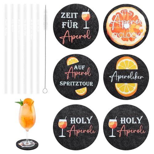 12-teilig Aperol Geschenkset - 6 Glasstrohhalme & 6 Filzuntersetzer mit Sprüchen für Spritz-Liebhaber - Aperol Deko Set für Party, Cocktail, Sommerabend, Geschenk für Frauen & Männer von UOCAI