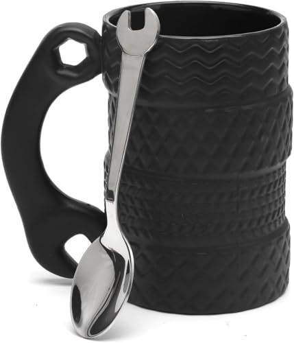UOCAI Reifentasse Großes Fassungsvermögen 450ML Keramik mit Löffel, Reifentasse 3D Große Autotasse mit Henkel, Kaffeetassen für Büro, Zuhause, Fahrer Mechaniker, für Männer, Autoliebhaber von UOCAI