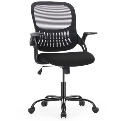 Ergonomischer Computer-Drehstuhl mit Rollen und bequemer Lendenwirbelstütze für Home Office, Arbeitszimmer, Schlafzimmer, Erwachsene, Studenten, Klapp-Handlauf, Schwarz von UOCFYK