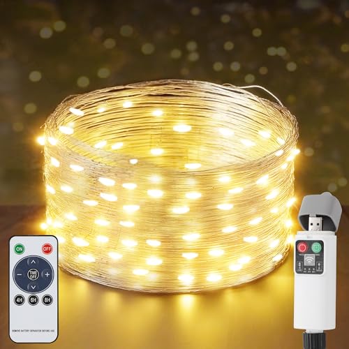 UODIR Lichterkette Batterie, 10M 100LED USB Aufladbare Lichterkette Außen Batterie Timer mit Fernbedienung, 8 Modi IP65 Wasserdicht Lichterkette Outdoor für Balkon Weihnachten Garten Camping von UODIR
