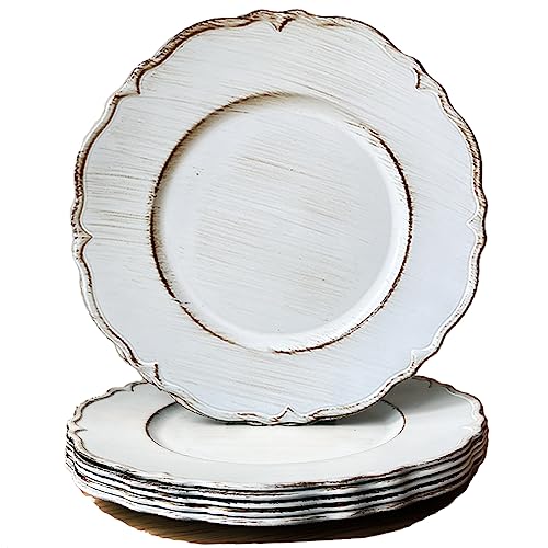 UOEKCS Antik-weiße Ladegerät-Teller, 33 cm, elegante Ladegeräte, Kunststoff-Teller-Ladegerät für Speiseteller, Hochzeit, Tischdekoration (6 Stück) von UOEKCS