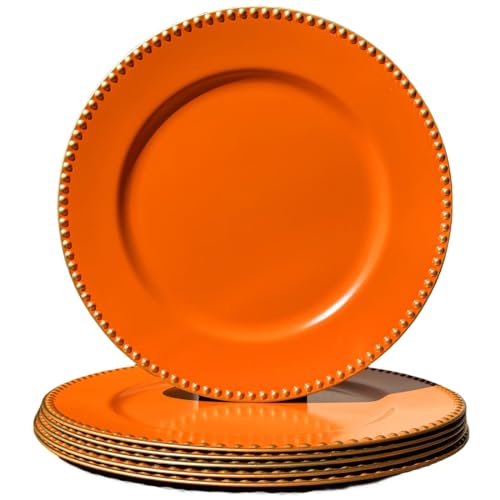 UOEKCS Orangefarbene Platzteller mit Perlenrand, 33 cm, rundes Ladegerät für Speiseteller, 6 Stück, Kunststoffteller-Ladegeräte für Halloween, Tischdekoration, Party-Dekoration. von UOEKCS