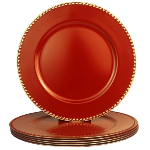 UOEKCS Red Charger Plates with Beaded Rim, 33.0 cm Round Charger for Dinner Plates, Set of 6 Plastic Plate Chargers for Wedding, Thanksgivng, Christmas von UOEKCS