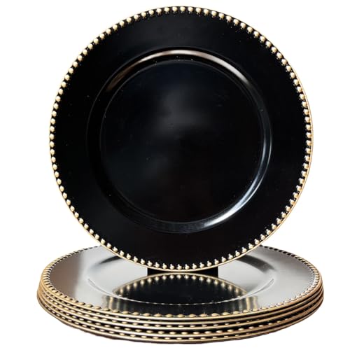 UOEKCS Schwarze Platzteller mit Perlenrand, 33 cm rundes Ladegerät für Speiseteller, Set mit 6 Kunststofftellern für Halloween, Tischdekoration, Party-Dekoration. von UOEKCS