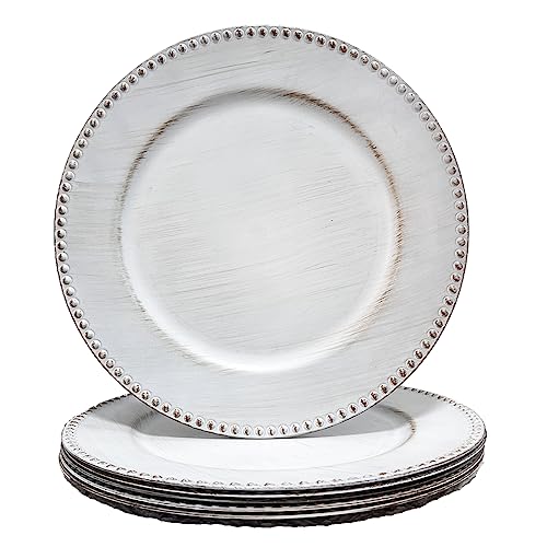 UOEKCS Weiße Platzteller mit Perlenrand, 33 cm, rund, Vintage-Ladegerät für Speiseteller, Set mit 6 Kunststofftellern für Hochzeitstisch, Party-Dekoration. von UOEKCS