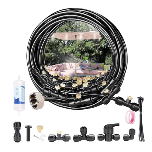 18M Sprühnebel Kühlung Bewässerungs System,Outdoor Misting System Nebel-Kühlsystem mit Schlauch und Metalldüsen,Nebelkühlung für Garten Gewächshaus Sonnenschirm, für Terrasse, Garten (8M) von UOEONR