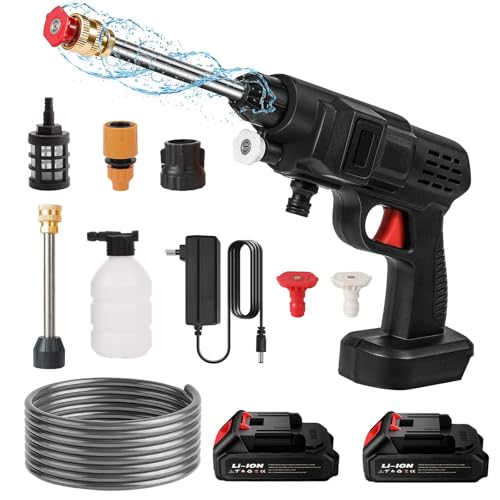 Akku Hochdruckreiniger, 21 V/50 Bar Tragbarer Mobiler Hochdruckreiniger mit Akku und Schnellladegerät, Multifunktionsdüse und Zubehör, für Terrasse und Auto (2000mAh Akku*2) von UOEONR