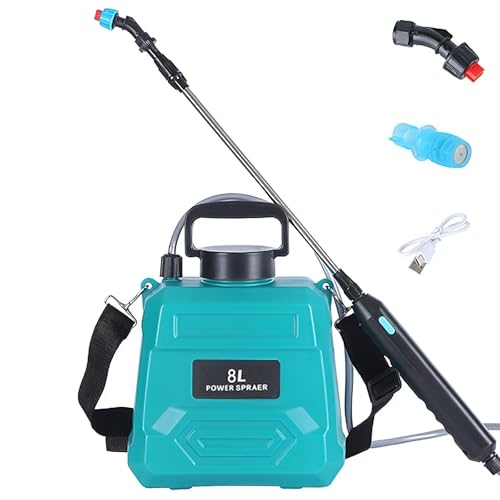 Elektrischer Drucksprüher, 5 l/8 l, 1800 mAh, Gartensprüher, Teleskop-Sprühpistole, wiederaufladbar, mit Düsen, Akku für die Reinigung durch Sprühen von Gartenpflanzen (grün, 8 l) von UOEONR