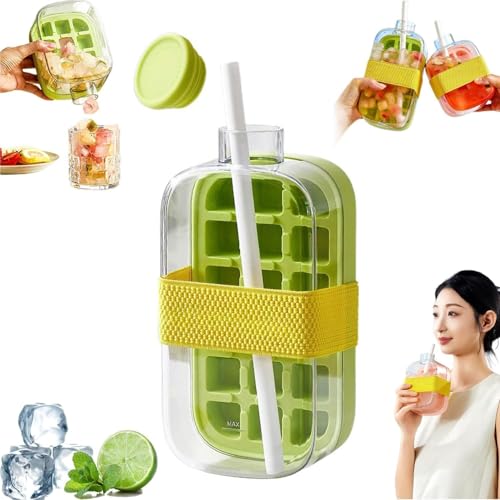 Ice Cube Bottle, Eiswürfelflasche,2 in 1 Eiswürfelbehälter Wasserflasche mit Deckel und Behälter,einfaches Drücken,Touch-Free Ice Cube Tray Water Bottle,Eiswürfelform für Getränke,Saft (Grün-800ML) von UOEONR