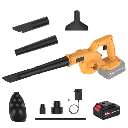 Laubbläser mit Akku, 21 V, 360 W, kabellos, mit Akku und Ladegerät 23.000 U/min, 3,3 m³/min, 2-in-1-Funktion für die Rasenpflege (1 Akku/Gelb) von UOEONR