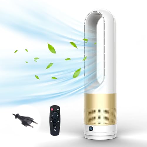 Rotorloser Ventilator mit Fernbedienung,Turmventilator sehr Leise,90° Oszillation,8 Geschwindigkeiten,8h Timer, Kindersicher,LED-Anzeige,Standventilator sehr leise für Schlafzimmer geeignet (Gold) von UOEONR