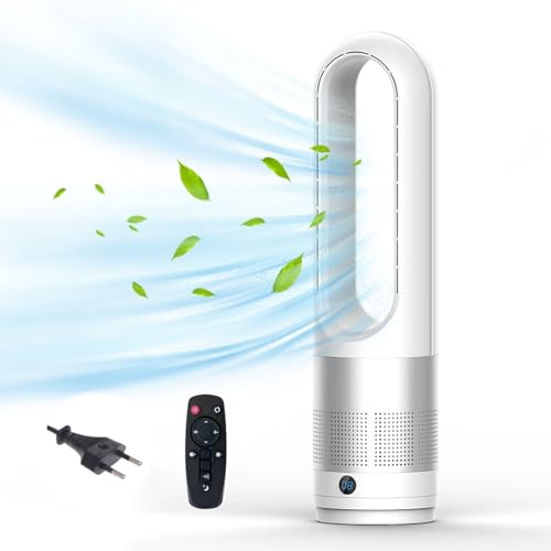 Rotorloser Ventilator mit Fernbedienung,Turmventilator sehr Leise,90° Oszillation,8 Geschwindigkeiten,8h Timer, Kindersicher,LED-Anzeige,Standventilator sehr leise für Schlafzimmer geeignet (Silber) von UOEONR