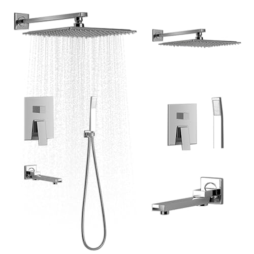Unterputz Duschsystem Wandmontage, 3 Funktions Duschsystem mit 25 x 25 cm Regenduschkopf, Hochdruck-Handbrause und Wanneneinlauf, Geeignet für Alle Badezimmer (Silber) von UOEONR