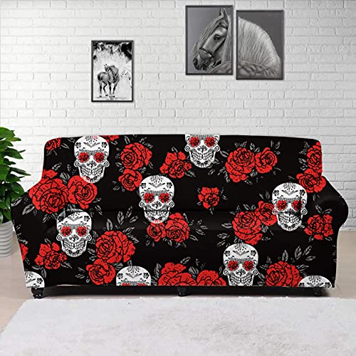 UOIMAG Sofa-Schonbezüge mit Totenkopf-Motiv, rote Rose, Zucker, Totenkopf, Rosen, Blumenmuster, Sofabezug, Stretch, Sofabezug für 2-Sitzer von UOIMAG