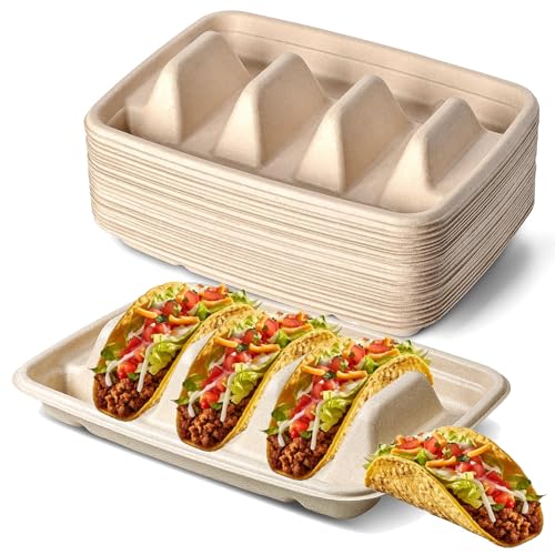 UOKIIYUA 25 Pack Einweg-Taco-Teller für Party, Taco-Ständer für 3 Tacos, Taco-Halter aus verdicktem Papier mit 3 Unterteilungen, großartiger Taco-Tablett-Halter für Taco-Bars von UOKIIYUA