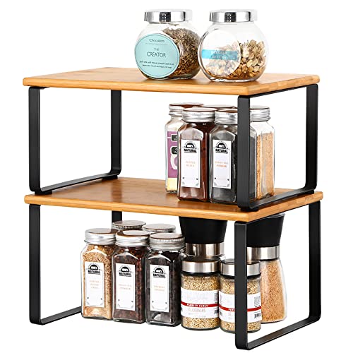 UOMIO Küchen Regaleinsatz für Schrank 2er Set Gewürzregal aus Bambus Stapelbare Küchenschrank Organisation Küchenablage mit Bambusbrett und Metallrahmen für Küche von UOMIO