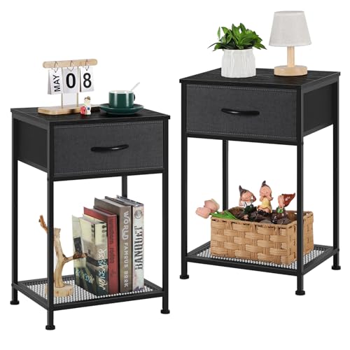 UOMIO Nachttisch 2er Set Nachtschrank mit Schublade & Ablage Schwarze Holztischplatte und Metallgestell Rechteckiger Beistelltisch für kleine Räume Wohnzimmer Schlafzimmer, 40 × 30 × 60.5CM von UOMIO
