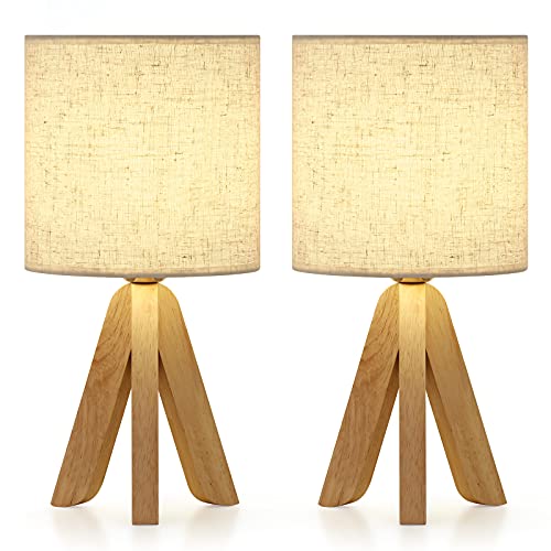 UOMIO Nachttischlampe aus Holz 2er Set Vintage Stativ Tischlampe Lampenschirm aus Leinen Tischlampe für Schlafzimmer Wohnzimmer Warme Leichte Atmosphäre Dekoration von UOMIO