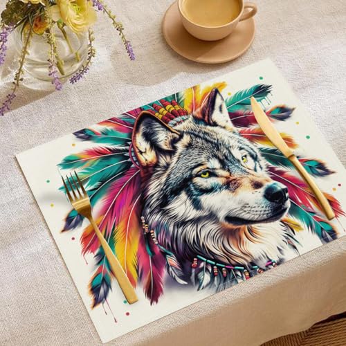 2er Set Böhmen Wolf Frühling Platzsets Abwaschbar 30x45cm, Platzdeckchen Stoff Indianer Feder, Saisonaler Sommer Küche Tisch Dekoration Drinnen Urlaub Party Dekor von UOMSKTY